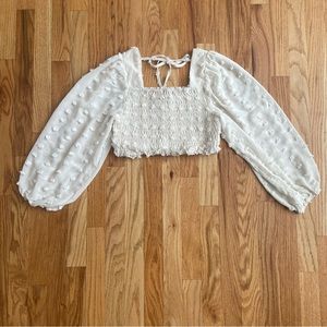 White Birch Cream Swiss Dot Smocked Puff Balloon Sleeve Crop Top with Tie Back